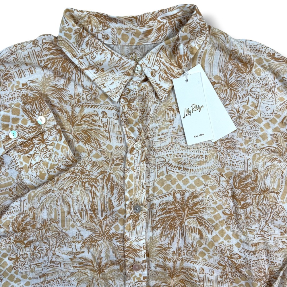 Lilly Pulitzer Stevey Relaxed Button Down Women Large Palm Beach Paradise Linen
